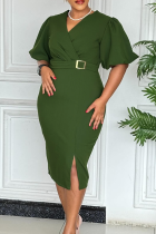 Army Green Elegant Solid Color Slit With Belt V Neck Wrapped Skirt Dresses
