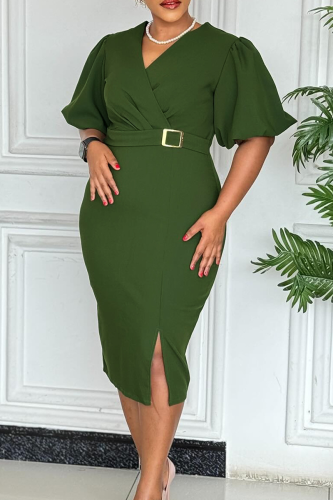Army Green Elegant Solid Color Slit With Belt V Neck Wrapped Skirt Dresses