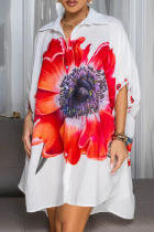 Red Casual Print Buckle Turndown Collar Shirt Dresses