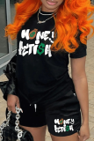 Black Casual Letters Patchwork O Neck Short Sleeve Two Pieces