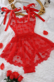 Red Sexy Solid Color See-Through Strap Design Bow Decor Lingerie