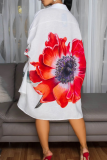 Blue Casual Print Buckle Turndown Collar Shirt Dresses