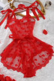 Red Sexy Solid Color See-Through Strap Design Bow Decor Lingerie