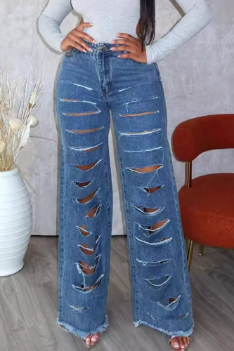 Blue Sexy Solid Color Ripped Mid Waist Loose Denim Jeans