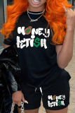 Black Casual Letters Patchwork O Neck Short Sleeve Two Pieces