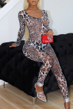 Leopard Print Sexy Leopard Print Patchwork O Neck Skinny Jumpsuits