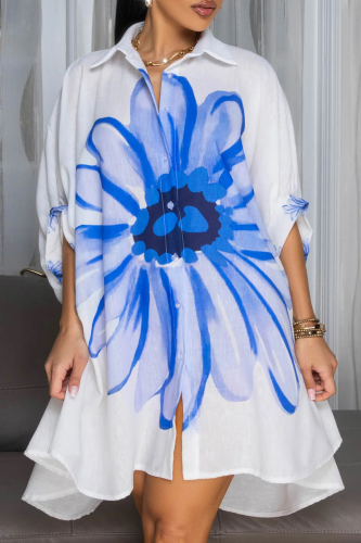 Blue Casual Print Buckle Turndown Collar Shirt Dresses
