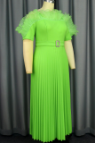 Grass Green Elegant Solid Color With Belt Mesh Pleated Spaghetti Strap Long Dresses