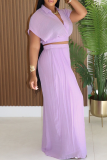 Purple Casual Solid Color Patchwork V Neck Short Sleeve Two Pieces