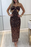 Leopard Print Sexy Leopard Print Hollow Out Strapless Long Dresses
