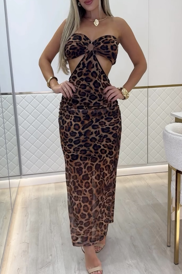 Leopard Print Sexy Leopard Print Hollow Out Strapless Long Dresses