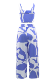 Blue Casual Print Pocket Lace Up Spaghetti Strap Sleeveless Two Pieces