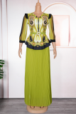 Green Elegant Print With Belt Pleated V Neck Plus Size Two Pieces