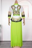 Green Elegant Print With Belt Pleated Turndown Collar Plus Size Two Pieces