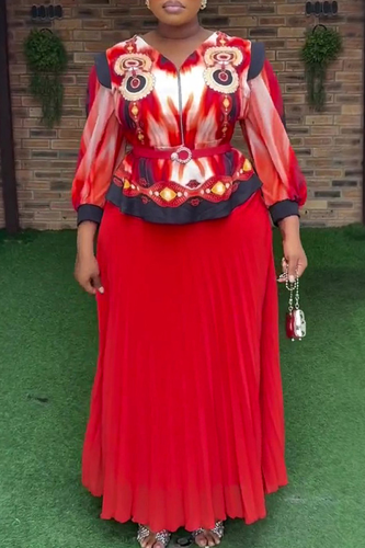Red Elegant Print With Belt Pleated V Neck Plus Size Two Pieces