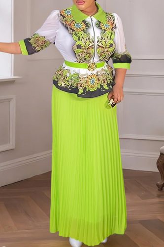 Green Elegant Print With Belt Pleated Turndown Collar Plus Size Two Pieces