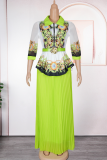 Green Elegant Print With Belt Pleated Turndown Collar Plus Size Two Pieces