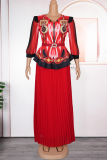 Green Elegant Print With Belt Pleated V Neck Plus Size Two Pieces