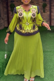 Green Elegant Print With Belt Pleated V Neck Plus Size Two Pieces