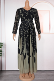 Yellow Elegant Print Patchwork O Neck Long Plus Size Dresses