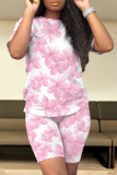 Pink Casual Print Patchwork O Neck Short Sleeve Two Pieces