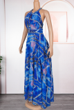 Red Sexy Print Slit Beading Zipper O Neck Long Plus Size Dresses