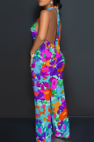 Light Purple Casual Print Backless Halter Loose Jumpsuits