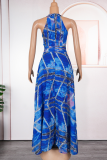 Red Sexy Print Slit Beading Zipper O Neck Long Plus Size Dresses