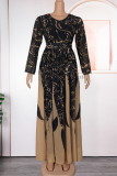 Yellow Elegant Print Patchwork O Neck Long Plus Size Dresses