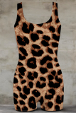 Black And White Sexy Leopard Print Patchwork U Neck Skinny Rompers