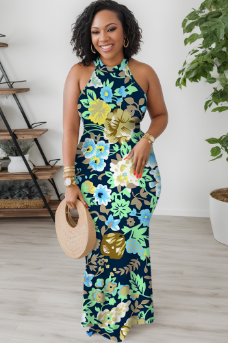 Turquoise Casual Print Patchwork O Neck Long Dresses