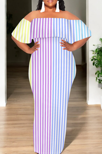 Stripe Casual Print Patchwork Off Shoulder Long Dresses