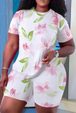 Pink Casual Print Patchwork O Neck Short Sleeve Two Pieces