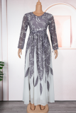 Yellow Elegant Print Patchwork O Neck Long Plus Size Dresses
