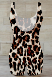Black And White Sexy Leopard Print Patchwork U Neck Skinny Rompers