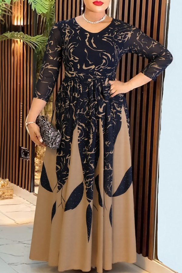 Yellow Elegant Print Patchwork O Neck Long Plus Size Dresses