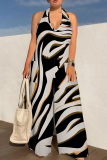 Light Purple Casual Print Backless Halter Loose Jumpsuits