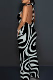 Light Purple Casual Print Backless Halter Loose Jumpsuits