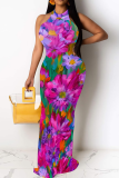 Green Sexy Print Patchwork O Neck Long Dresses