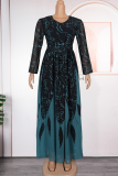 Yellow Elegant Print Patchwork O Neck Long Plus Size Dresses