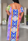 Purple Casual Print Patchwork Off Shoulder Long Dresses