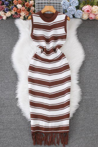 Coffee Elegant Stripe Fringed Trim O Neck Long Dresses