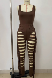 Coffee Sexy Solid Color Fringed Trim Hollow Out Square Neck Sleeveless Two Pieces