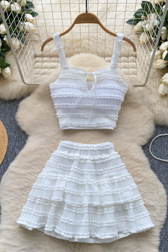 White Vacation Solid Color Flounce Spaghetti Strap Sleeveless Two Pieces