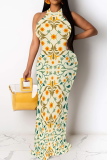 Grey Black Casual Print Patchwork O Neck Long Dresses