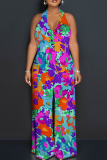Light Purple Casual Print Backless Halter Loose Jumpsuits