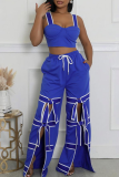 Blue Casual Solid Color Slit Strap Design Sleeveless Two Pieces