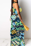 Grey Black Casual Print Patchwork O Neck Long Dresses