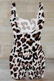 Black And White Sexy Leopard Print Patchwork U Neck Skinny Rompers