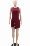 Burgundy Casual Solid Color Buckle O Neck A Line Dresses